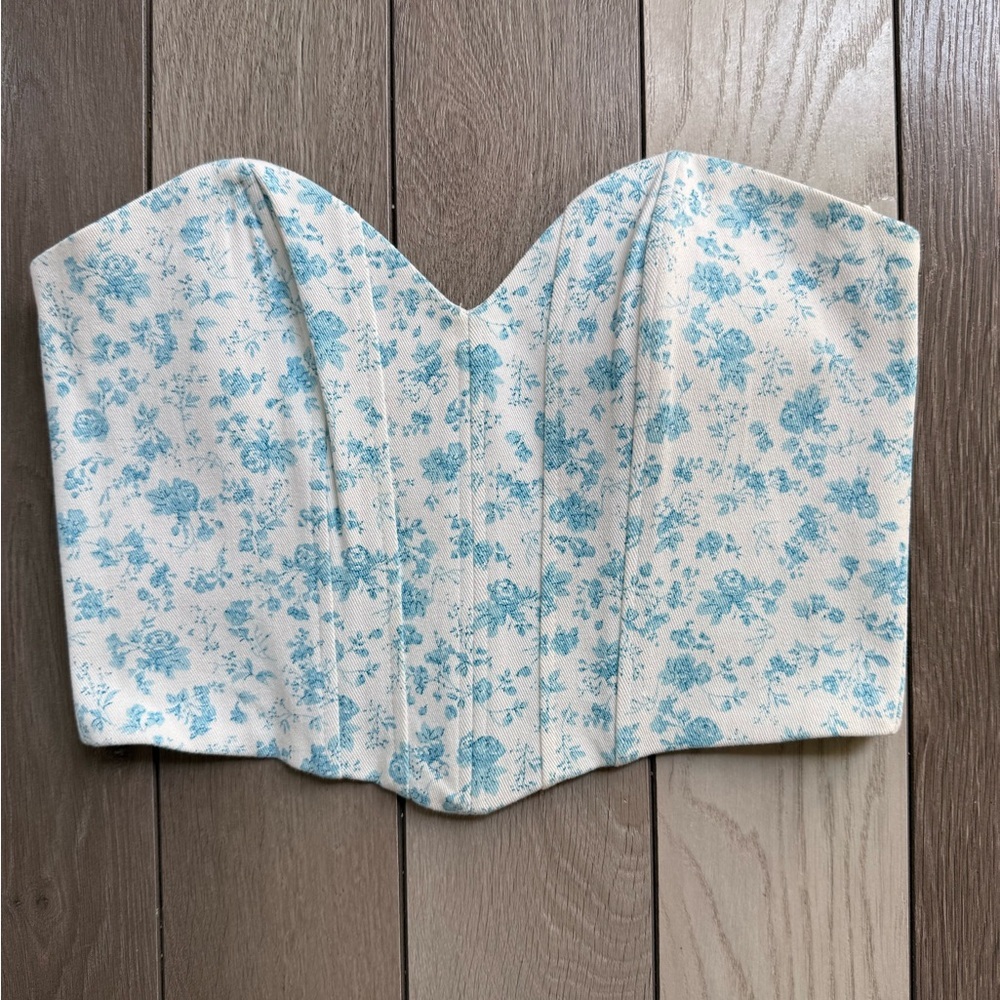Zara White and Blue Bustier Top
